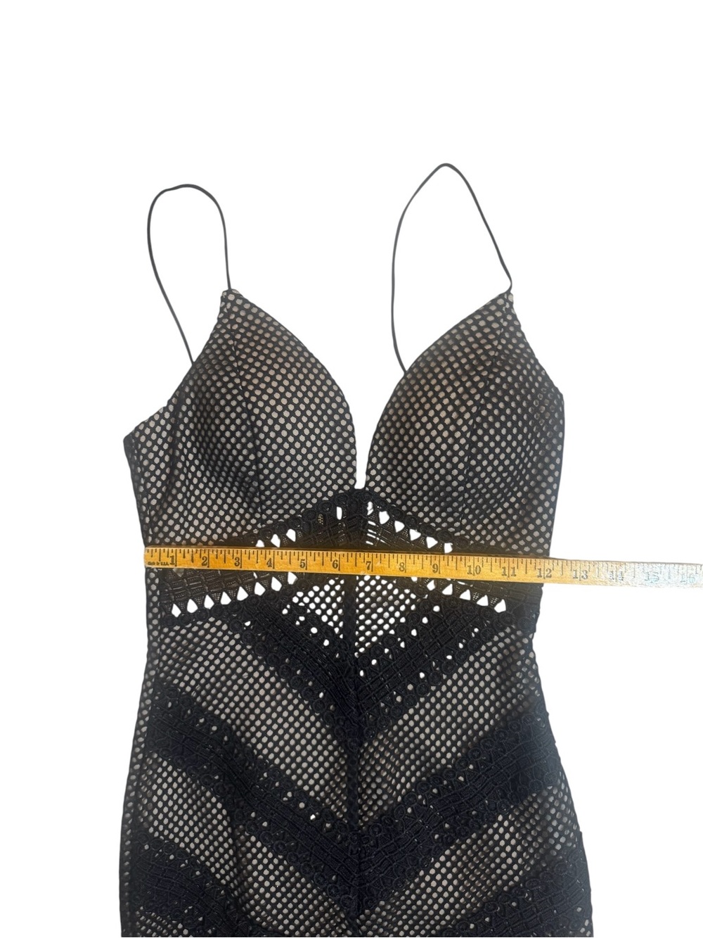 ENTRY Black Mesh Chevron Midi Dress Size S Bodycon Sheer Lined - Picture 4 of 10